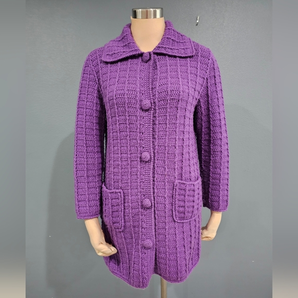 Vintage Hand Knit Purple Chunky Knit Sweater Cardigan M/L - Picture 1 of 9